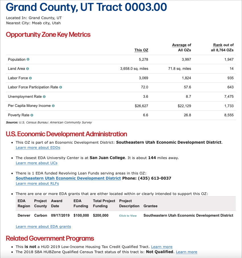 Screenshot of Opportunity Zone tool, showing OZ key metrics, U.S. EDA programs and related government programs.