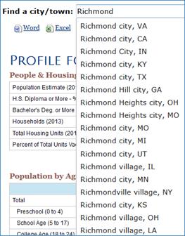 Screenshot of sample geography list available from the city/town selection box