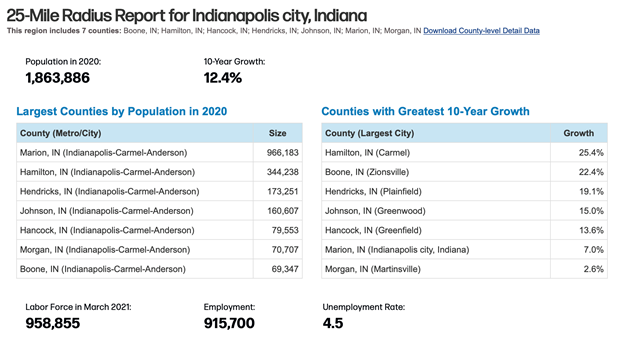 Screenshot of population section of report