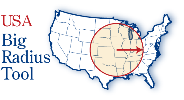 USA Big Radius tool logo which is a map of the united states with a circle with an arrow showing radius