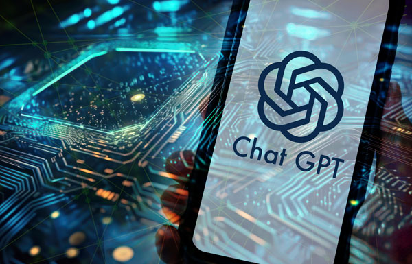 Chat-GPT logo in white on a background with a color gradient of purple to pink that goes left to right and white lines that symbolize data connections on top of the gradient background.